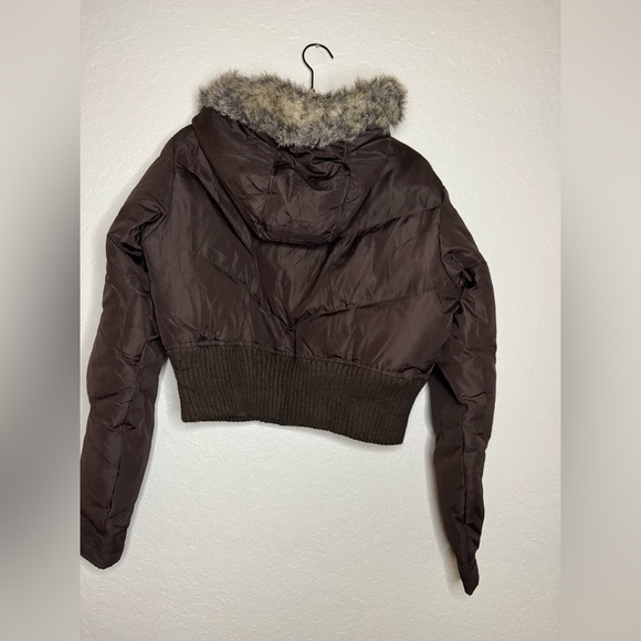 No Boundaries Dark Brown Quilted Bomber Jacket with Faux Fur Hood Y2K - Picture 2 of 4